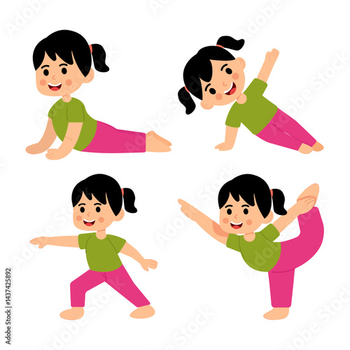 Young kids Girl in different yoga poses on white background. Vector illustration