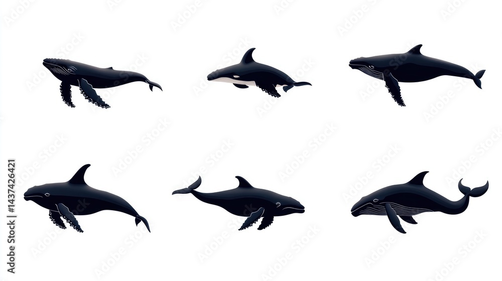 Illustration of various whales in different poses Illustration of various whales in different poses