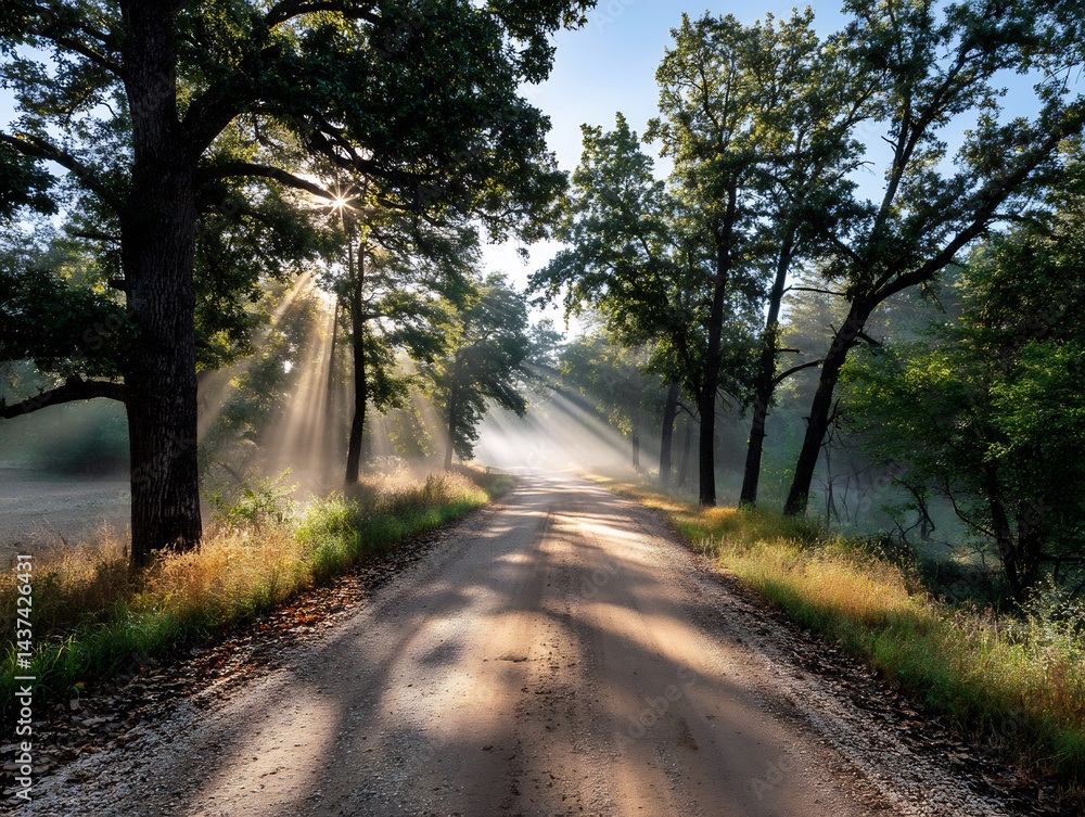 Fototapeta premium Sunbeams filtering through mist illuminate rural road leading towards morning