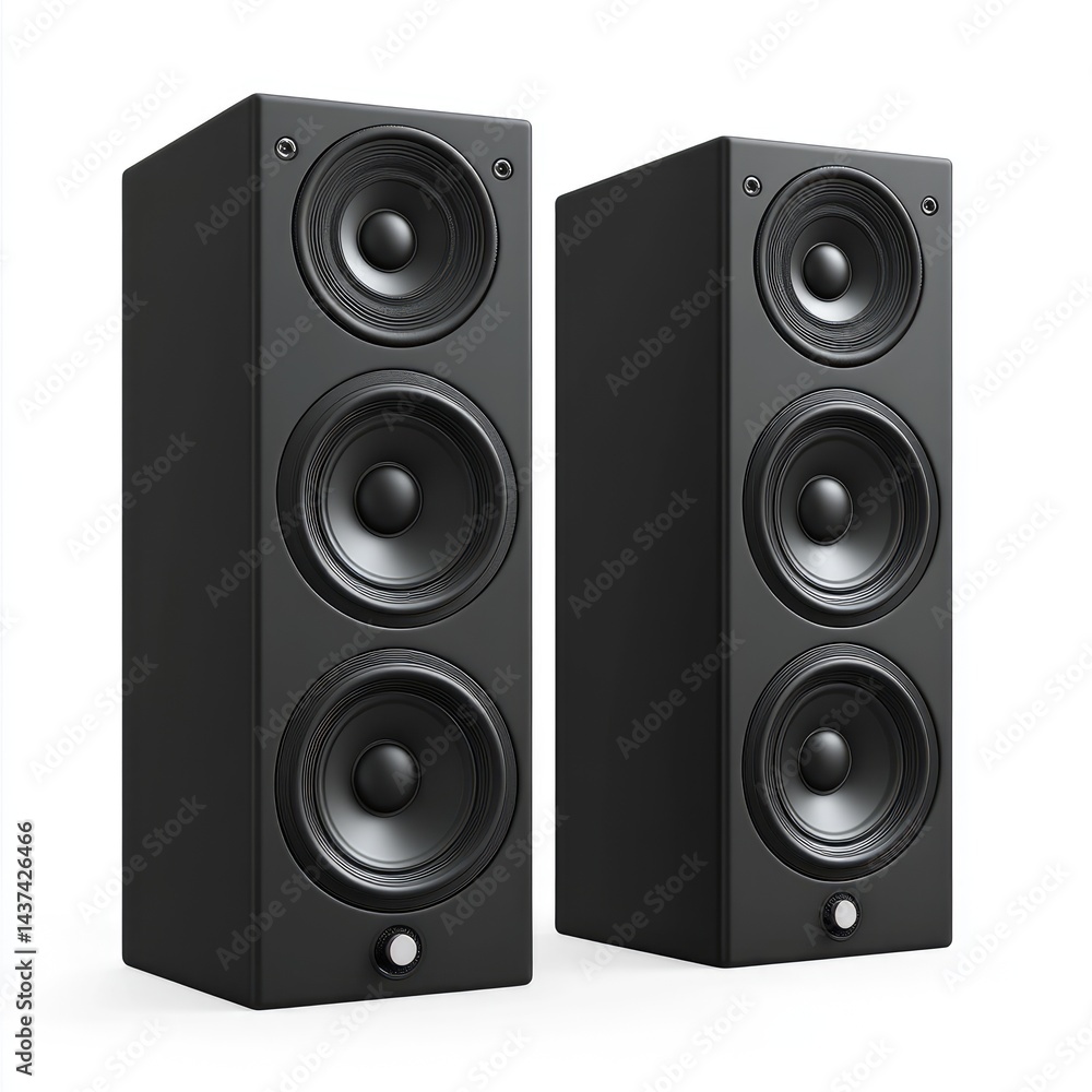 Fototapeta premium Two black speakers standing side by side, isolated on a white background.