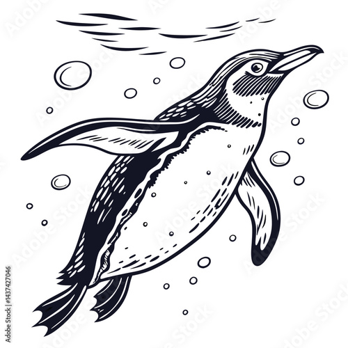 HandDrawn Penguin Swimming Underwater with Bubbles, Isolated, Detailed Line Art
