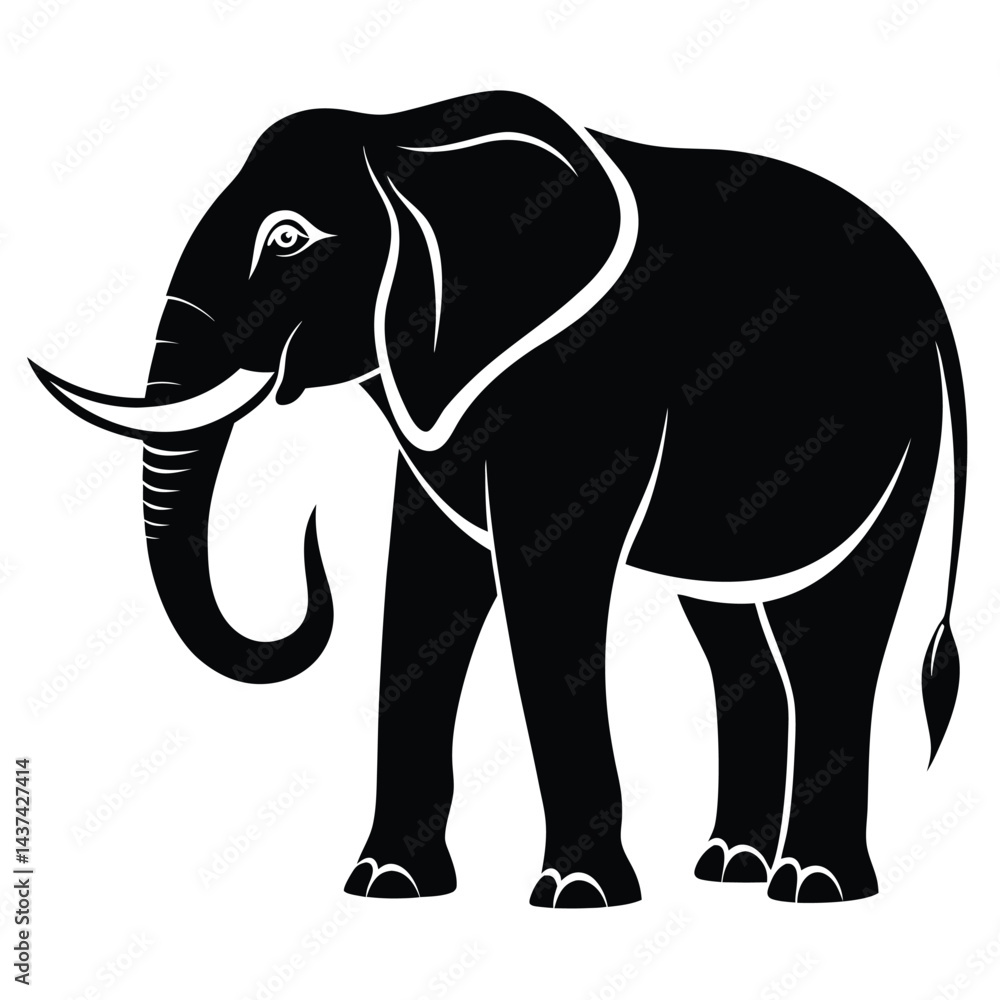 Silhouette of Elephant with Tusks Isolated on White Background, Single, Minimalist Silhouette of Elephant with Tusks Isolated on White Background, Single, Minimalist