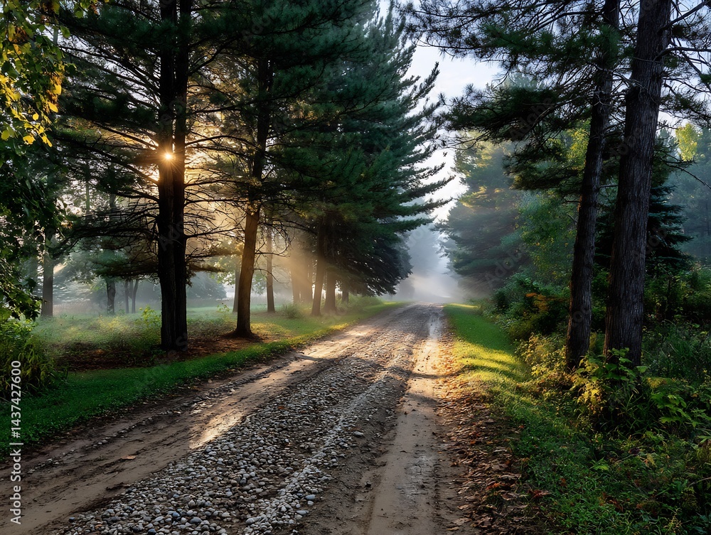 Fototapeta premium Tranquil morning light filtering through trees along a rustic gravel road