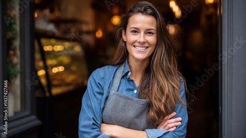 Woman barista smiling at doorway of bakery, welcoming customers, for a positive business atmosphere