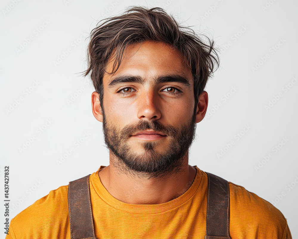 Portrait of Bearded Male Artist in Casual Outfit Isolated on White Background Portrait of Bearded Male Artist in Casual Outfit Isolated on White Background