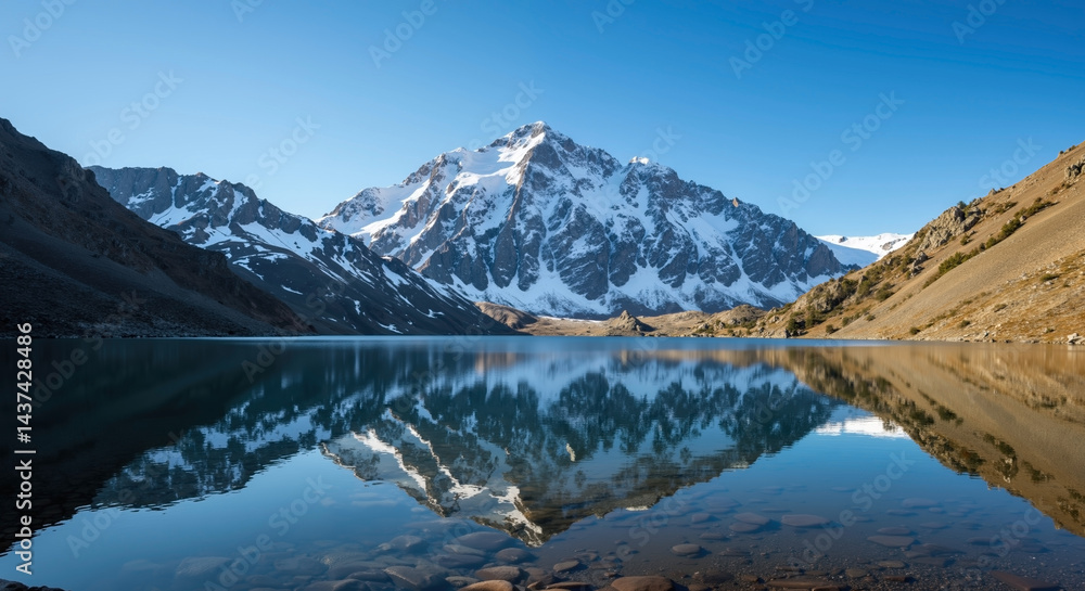 Majestic snow-capped mountains reflected in crystal clear alpine lake with rocky shoreline. Natural wilderness. Adventure tourism, hiking expeditions, mountain retreats. Majestic snow-capped mountains reflected in crystal clear alpine lake with rocky shoreline. Natural wilderness. Adventure tourism, hiking expeditions, mountain retreats.