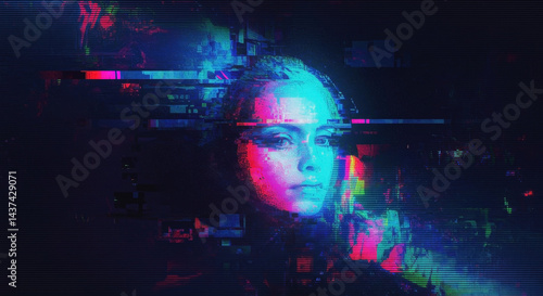 Ethereal female face with digital glitch distortion in vibrant neon blue and pink hues against dark background. Technological identity concept. Virtual reality experiences, cybersecurity awareness