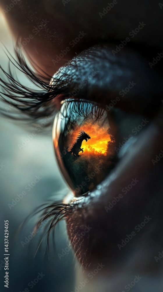 Eye reflects fiery sunset, mythical beast. Eye reflects fiery sunset, mythical beast.