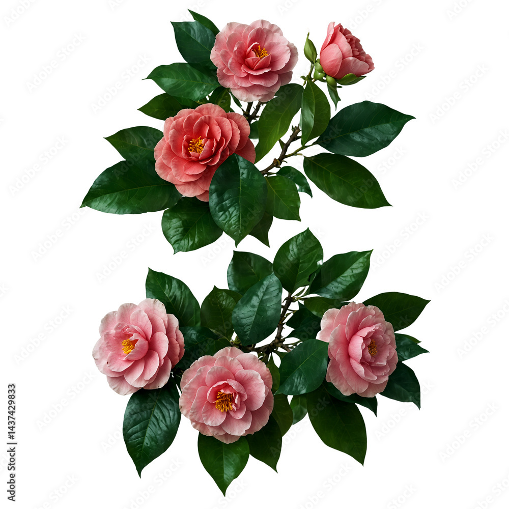 Obraz premium Beautiful camellia blossoms with lush green leaves isolated on transparent background transparent background isolated png stock