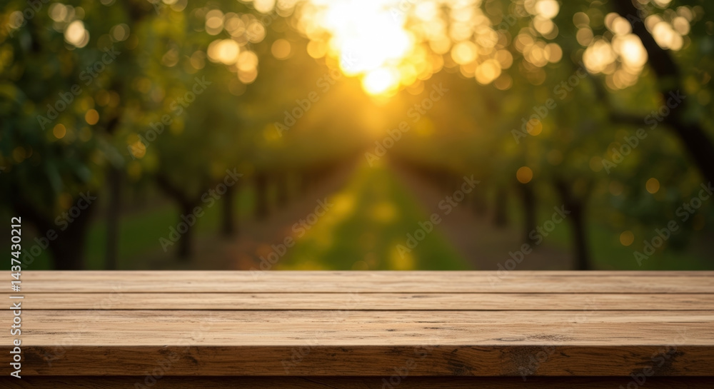 Wooden table with blurred apple orchard path at sunset. Fresh fruit harvest concept. Agricultural farm landscape. Natural product display. Organic farming. Food photography. Rustic countryside Wooden table with blurred apple orchard path at sunset. Fresh fruit harvest concept. Agricultural farm landscape. Natural product display. Organic farming. Food photography. Rustic countryside