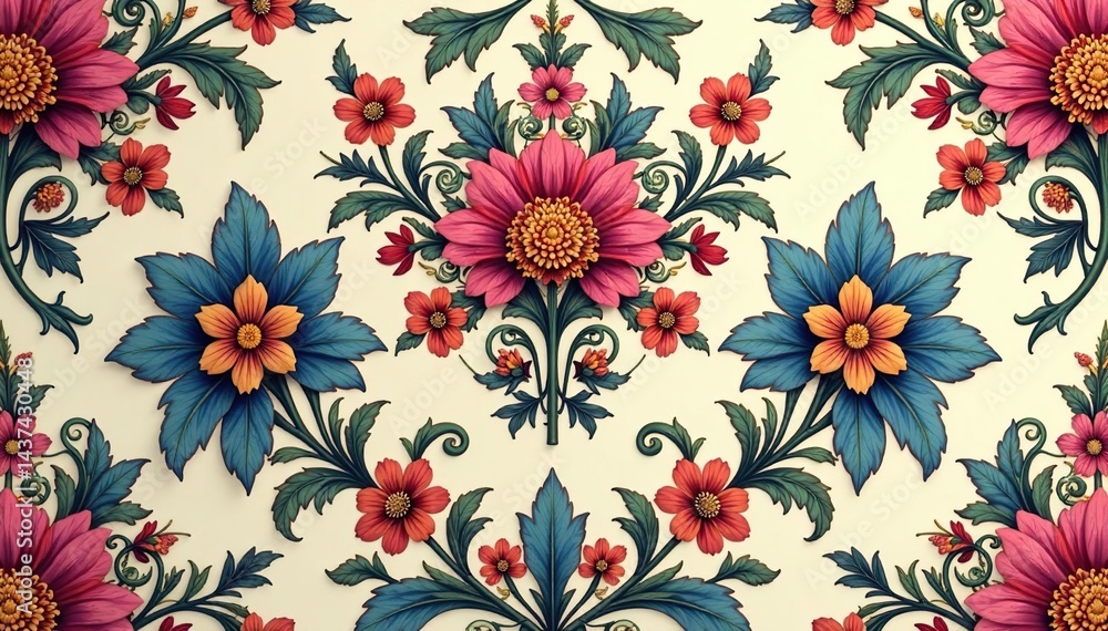 Intricate floral damask pattern in muted tones, stock, repeat Intricate floral damask pattern in muted tones, stock, repeat