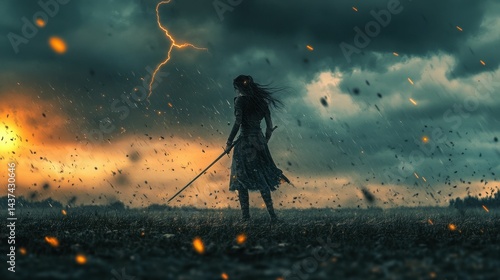Warrior stands, sword held, storm raging, embers fall.