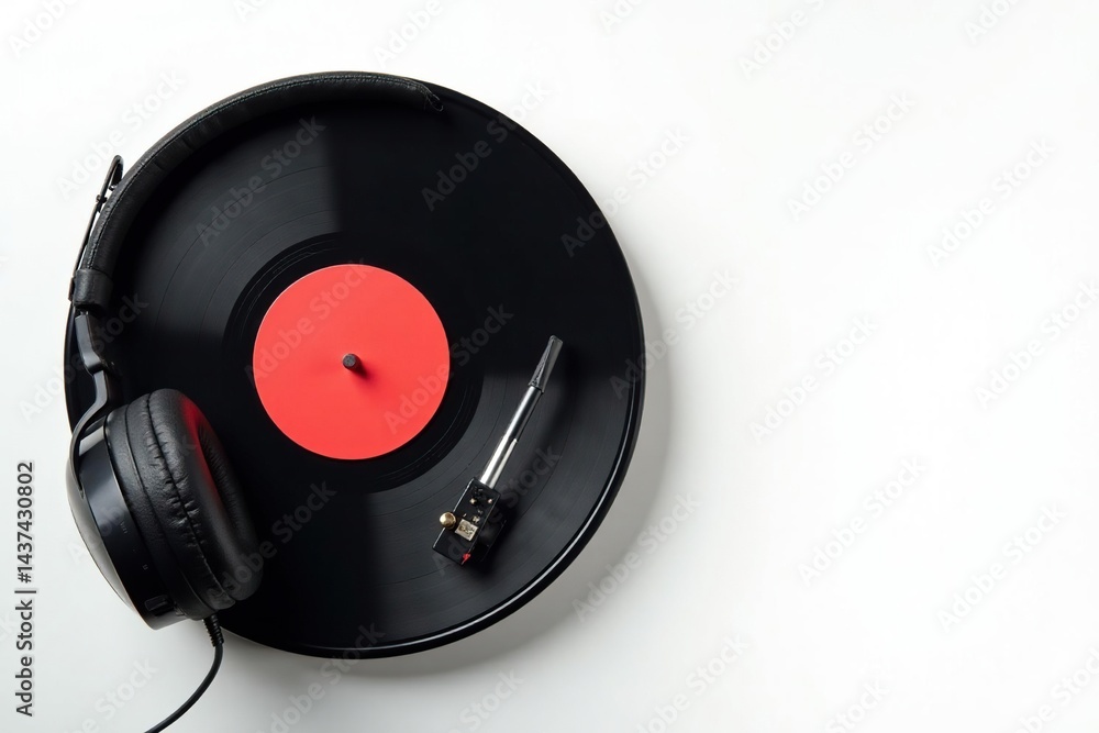 Fototapeta premium Turntable, vinyl record, headphones on white background , isolated, headphones, groove