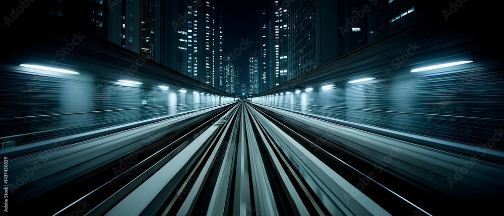 Obraz premium Train tracks in a tunnel with city lights above in a dark setting.