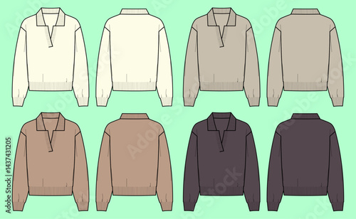 Ladies long sleeve collar polo knitwear sweater bundle technical drawing fashion flat sketch vector illustration template front and back views outline CAD mockup