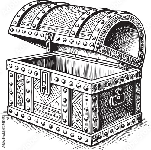 Ancient chest, Horror and Halloween, Spooky Scary Black and White Vector Illustration, Sketch Drawing Line Linear Symbol Icon Engraving, Hand-drawn Isolated