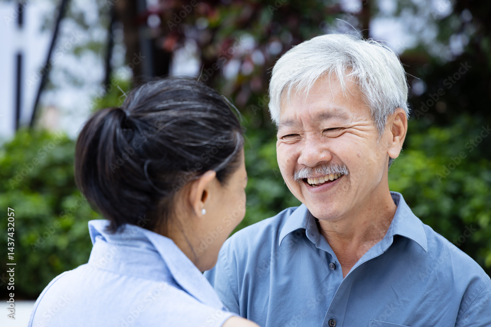 Happy smiling Asian senior couple in urban park with good quality of life, staying together, taking care of each other with positive expressions after retirement, real human, real people model Happy smiling Asian senior couple in urban park with good quality of life, staying together, taking care of each other with positive expressions after retirement, real human, real people model