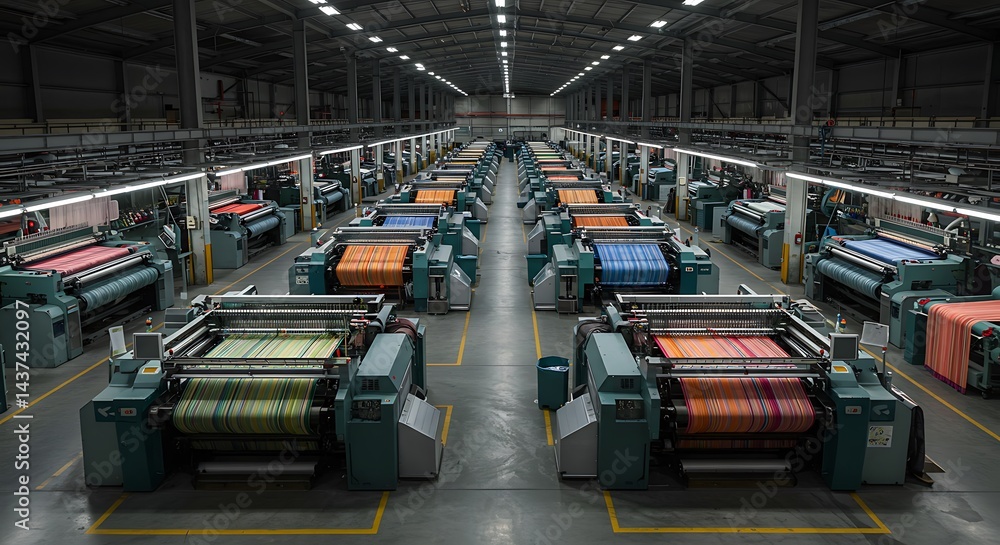 Fototapeta premium Striped Textile Factory: A Rows of Industrial Looms