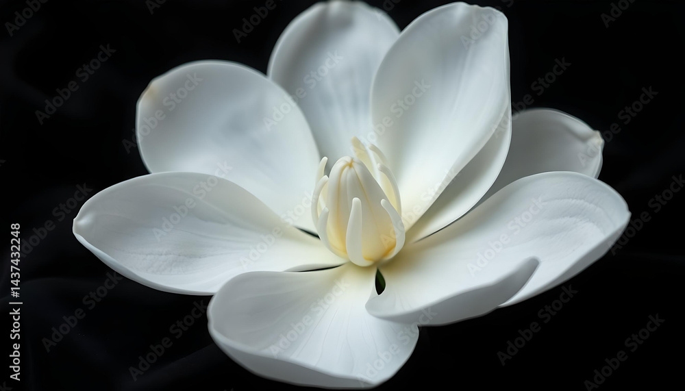 Fototapeta premium White Magnolia Flower on a Black Background, Stunning Close-Up Highlighting Smooth Petals and Elegant Contrast