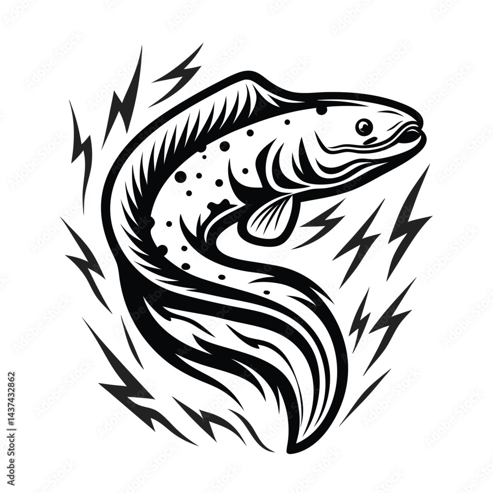 Abstract Trout Silhouette Curving Fish with Lightning Bolts in Black and White Tone Abstract Trout Silhouette Curving Fish with Lightning Bolts in Black and White Tone