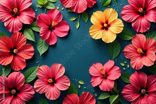 Bold hibiscus blooms arranged in a square tessellation , vintage, modern