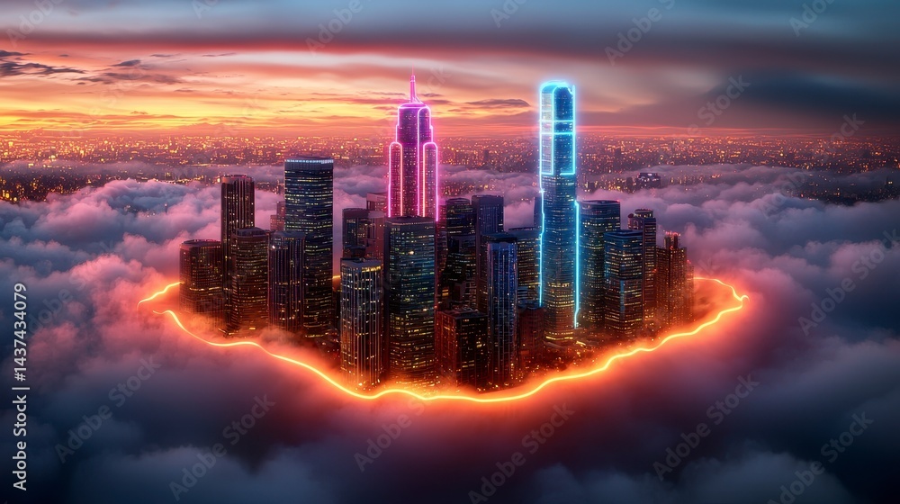 Obraz premium Futuristic City in Clouds at Sunset Neon Lights and Glowing Skyline