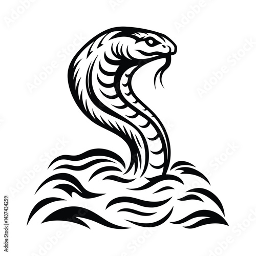 Striking Cobra Rising Hooded Snake, Bold Black and White on White Background