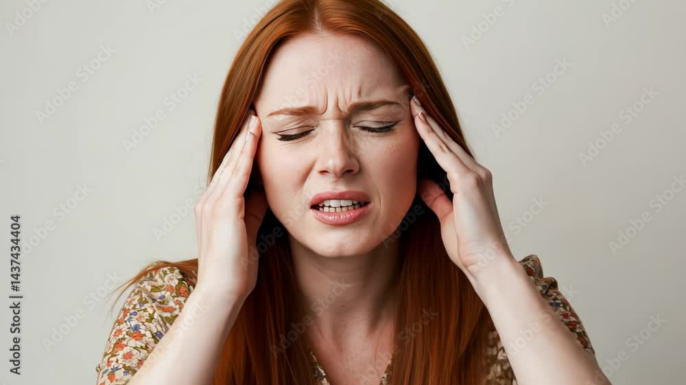 Redhead woman expressing discomfort with headache progression in bright interior setting Redhead woman expressing discomfort with headache progression in bright interior setting
