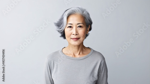 Serious portrait of a mature Asian woman looking confidently at the camera, exuding strength and wisdom.

