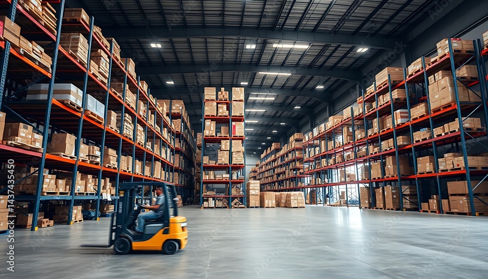 Warehouse Interior: Rows of Cardboard Boxes, Industrial Modern Aesthetics Warehouse Interior: Rows of Cardboard Boxes, Industrial Modern Aesthetics