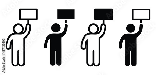 Protest Icons Simple Silhouettes Holding Signs Black and White Color Vector Design