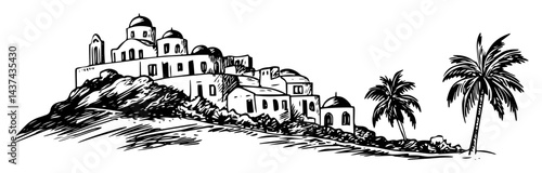 mediterranean village on hill sketch illustration
