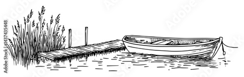 rowboat at wooden dock sketch illustration