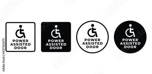 Power Assisted Door Icons Black and White Square and Circle Symbols Vector Design