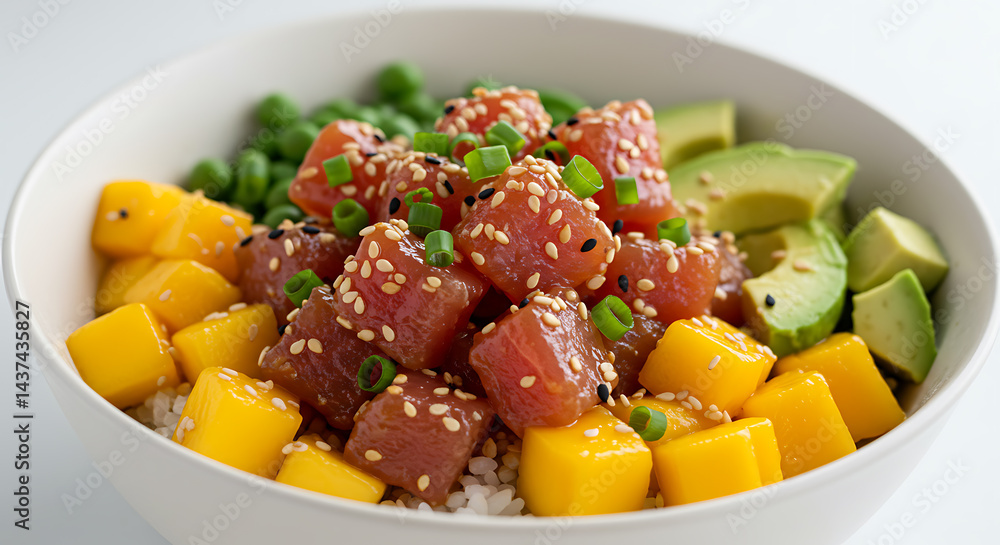 Poke Bowl with Tuna Mango and Avocado isolated on white background Poke Bowl with Tuna Mango and Avocado isolated on white background