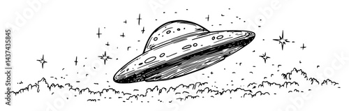 ufo flying over mountains sketch illustration
