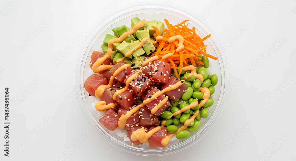Fototapeta premium Poke Bowl with Tuna Avocado and Edamame isolated on white background