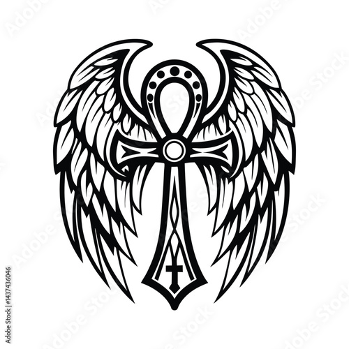 Detailed Ankh Cross with Wings, Egyptian Symbol, Spirituality, Black and White Design