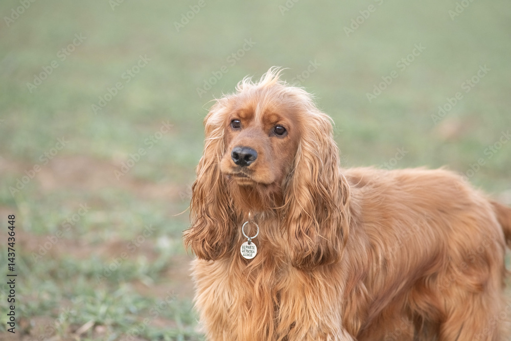 Portrait of a beautiful purebred cocker spaniel in a spring field. Portrait of a beautiful purebred cocker spaniel in a spring field.
