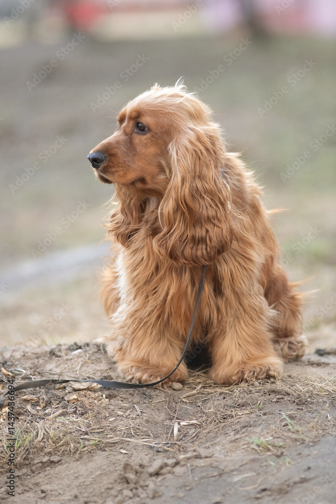 Fototapeta premium Portrait of a beautiful purebred cocker spaniel in a spring field.