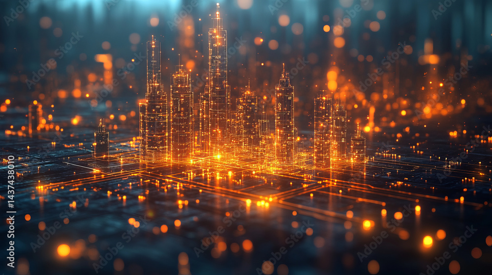 Fototapeta premium Futuristic city skyline illuminated by glowing lights, showcasing advanced technology