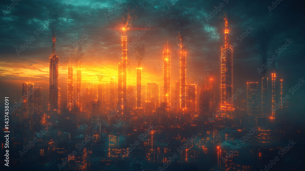 Futuristic city skyline illuminated by fiery lights, showcasing towering skyscrapers against Futuristic city skyline illuminated by fiery lights, showcasing towering skyscrapers against