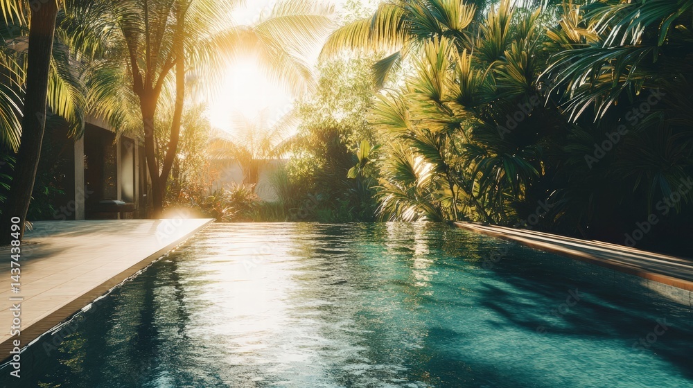 Fototapeta premium Tranquil pool surrounded by lush greenery at sunset, a perfect place for relaxation and peace.