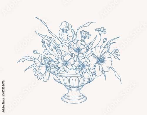 Vintage elegant flowers in vase. Hand drawn floral bouquet. Wild and garden flowers and leaves in line art style. Vector illustration for tattoo, wedding invitation, save the date card, frame