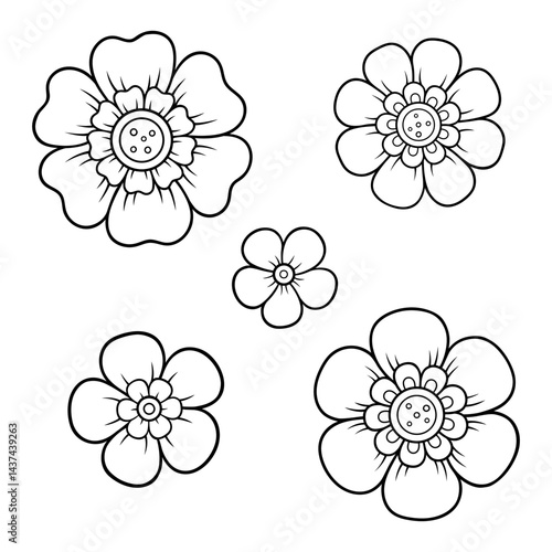 Set of Mehndi flower pattern for Henna drawing and tattoo. Decoration in ethnic oriental, Indian style. Doodle ornament. Outline hand draw vector illustration.