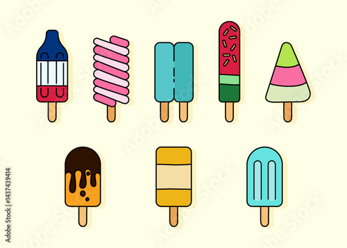 Fun doodle line art of ice cream such as soda, citrus or orange, watermelon, chocolate glazed, mint and fruity fruti flavors for summer theme. Can be used for children books, backgrounds, banners