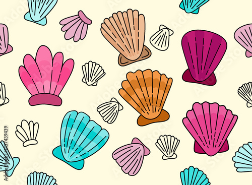 Hand drawn doodle of tropical shells, clams, mollusks, and shellfish for a beach summer concept. Can be used for children coloring books, backgrounds, backdrops, banners, posters, ads