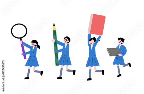  文房具やタブレットを持った女子高校生たちのイラスト