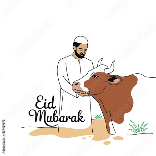 Man in white robe caressing cow with Eid Mubarak text, symbolizing love and sacrifice during Eid