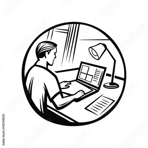 Monochrome Man Typing on Laptop, Desk Lamp and Documents IconStyle, Black and White